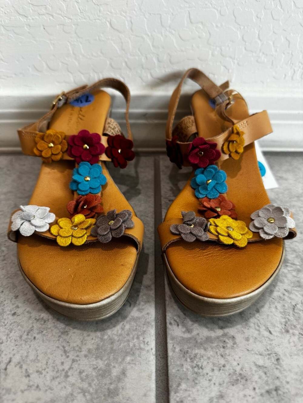 Mariella Italian Made Tan Leather Multi-Color Floral Embellished Wedge Sandals
